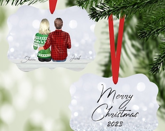 Personalized Couples Ornament, Christmas Tree Decoration, Husband and Wife with Dog or cat