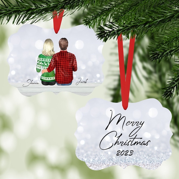 Personalized Couples Ornament, Christmas Tree Decoration, Husband and Wife with Dog or cat