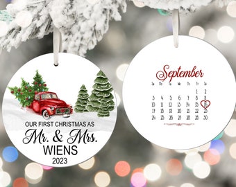 Our First Christmas Married Ornament, Little Red Truck and Calendar, newlywed gift, wedding gift, wedding shower 2023 Christmas Ornament
