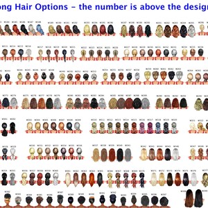 May include: A chart of 40 different long hair styles for women. Each style is numbered and labeled with a letter and number. The hair styles are all drawn in a cartoon style and are shown from the back.