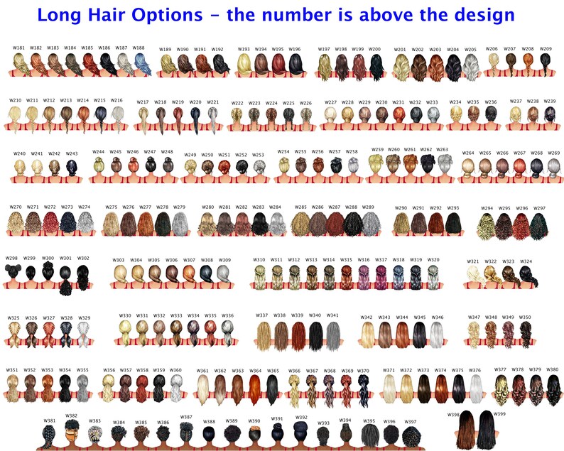 May include: A chart of 40 different long hair styles for women. Each style is numbered and labeled with a letter and number. The hair styles are all drawn in a cartoon style and are shown from the back.