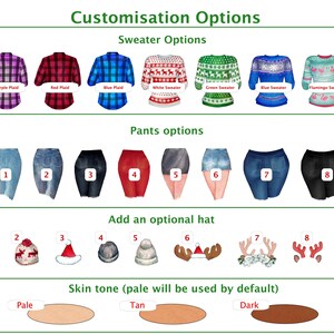 May include: A chart with customization options for a digital illustration. The chart shows different sweater, pants, hat, and skin tone options. The text on the chart reads "Customisation Options", "Sweater Options", "Pants options", "Add an optional hat", and "Skin tone (pale will be used by default)".