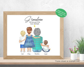 Mothers Day Gift for Grandma, Family digital portrait, Grandmother Moon and Back, Grammas Birthday, Card, Poster, Wall art