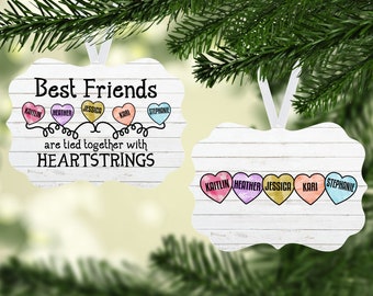 Best Friends are Tied together with Heartstrings Ornament, personalised Christmas tree ornament for Besties, sisters, cousins, family