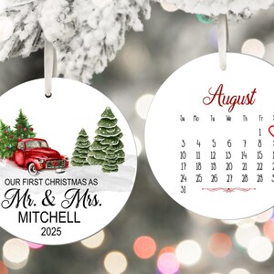 Our First Christmas Married Ornament, 2025 Little Red Truck and Calendar, newlywed gift, wedding gift, wedding shower for bride and groom imagem 1