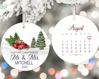 Our First Christmas Married Ornament, 2025 Little Red Truck and Calendar, newlywed gift, wedding gift, wedding shower for bride and groom