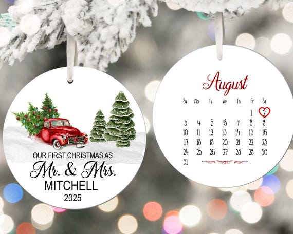 Our First Christmas Married Ornament, 2025 Little Red Truck and Calendar, newlywed gift, wedding gift, wedding shower for bride and groom