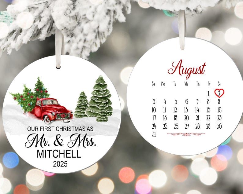 Our First Christmas Married Ornament, 2025 Little Red Truck and Calendar, newlywed gift, wedding gift, wedding shower for bride and groom imagem 1