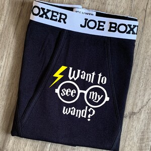 Valentine  gift for him, Want to see my wand, Boxer Briefs, two year cotton Anniversary, or Funny Birthday present for Husband or Boyfriend