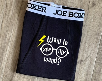 Valentine  gift for him, Want to see my wand, Boxer Briefs, two year cotton Anniversary, or Funny Birthday present for Husband or Boyfriend