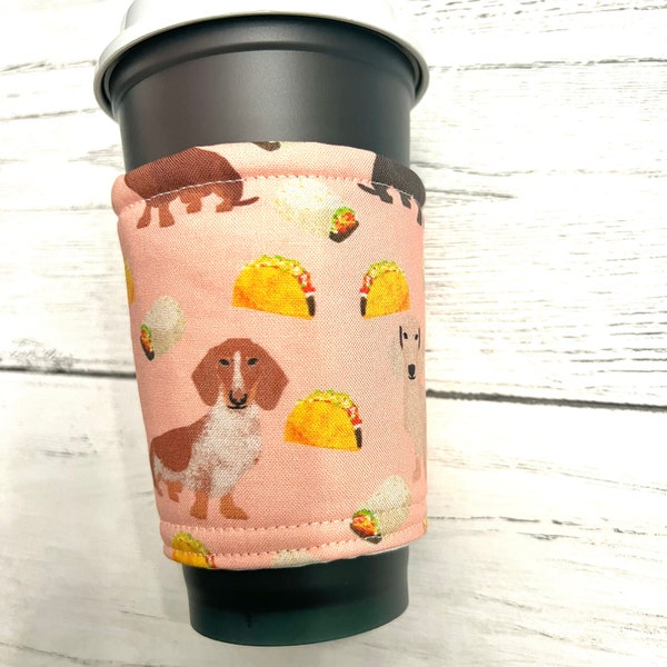 Weiner dog coffee cozy, Weiner dog coffee sleeve, coffee cozy, puffins