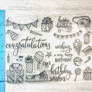 Tampon transparent anniversaire, tampons, tampon célébration, tampon cupcake, tampon cadeau, tampon fête, tampons scrapbooking, tampon carte d'anniversaire