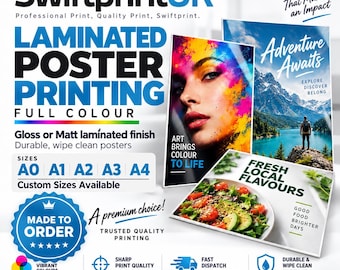 Professional Laminated Poster Printing – Durable Waterproof 280gsm Full Colour Posters in A0, A1, A2, A3, A4