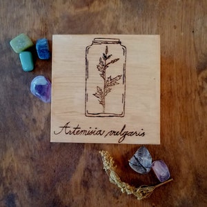 Witchy Wood Burned Box with Botanical Mugwort Motif for Runes, Crystals, Herbs, Jewelry etc.