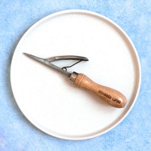 May include: A silver ice cream scoop with a wooden handle. The handle is engraved with the words "Branded Life". The scoop is on a white plate with a speckled pattern.