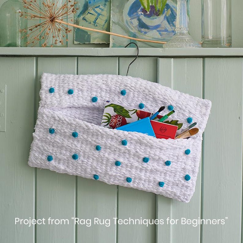 Peg loom woven white sheet peg bag - beginner peg looming project from Rag Rug Techniques for Beginners by Elspeth Jackson