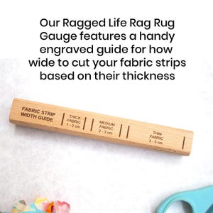 Close-up of engraved cutting guide on wooden rug gauge for precise strip widths, ideal for beginner rag rug makers