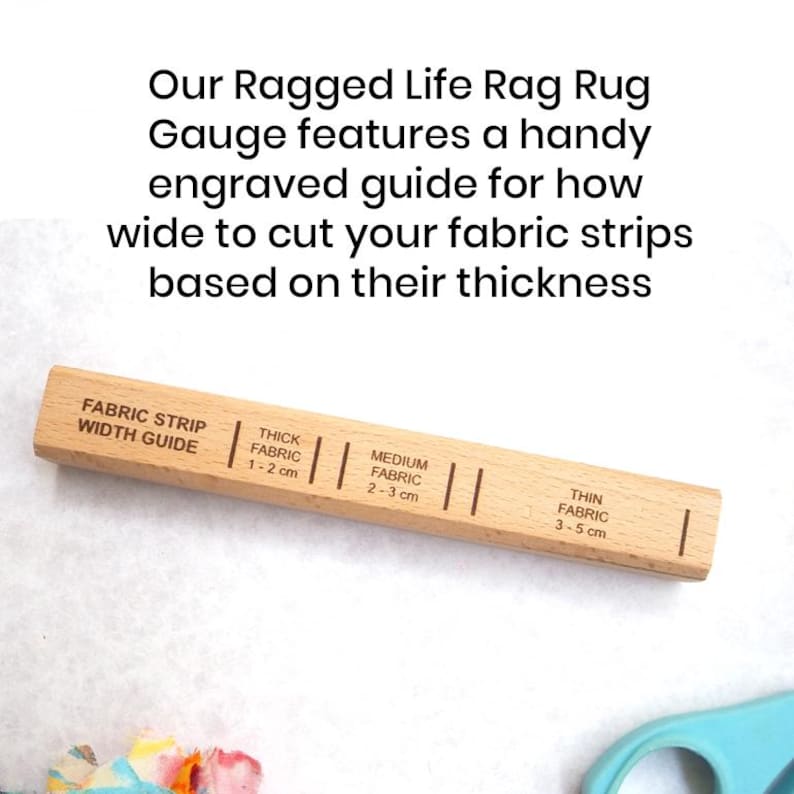 Close-up of engraved cutting guide on wooden rug gauge for precise strip widths, ideal for beginner rag rug makers