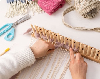 Wooden Peg Loom 50cm for Weaving / Rug Making includes Instructions, Threader - 3 Rows of Holes for Fabrics, Yarn & Fleece.