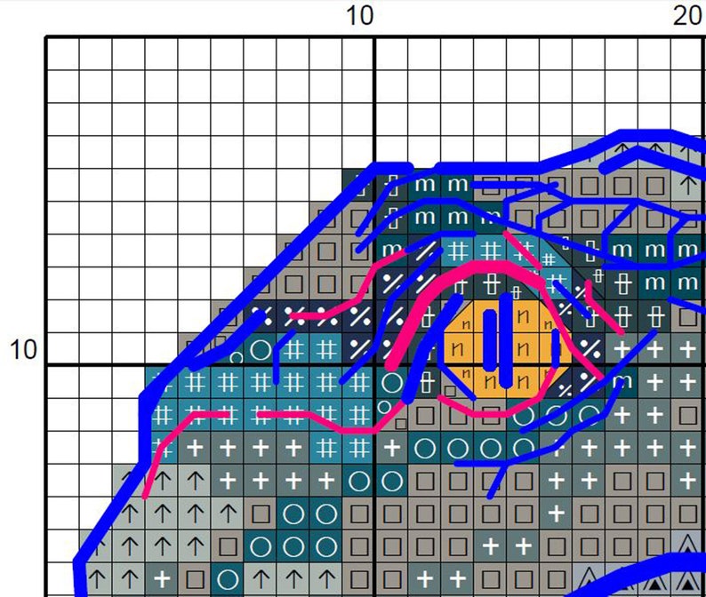 May include: A cross-stitch pattern chart featuring a grid with numbered axes at 10 and 20. The design includes a central orange eye shape with a vertical pupil, outlined in pink and blue lines, set against a background of teal, gray, and white squares.