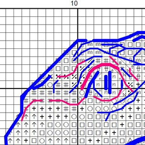 May include: A cross-stitch pattern chart printed on a white grid with black lines. The design features symbols like squares, circles, plus signs, arrows, and the letter m. Bold blue and pink lines are drawn over the grid to outline a specific shape.