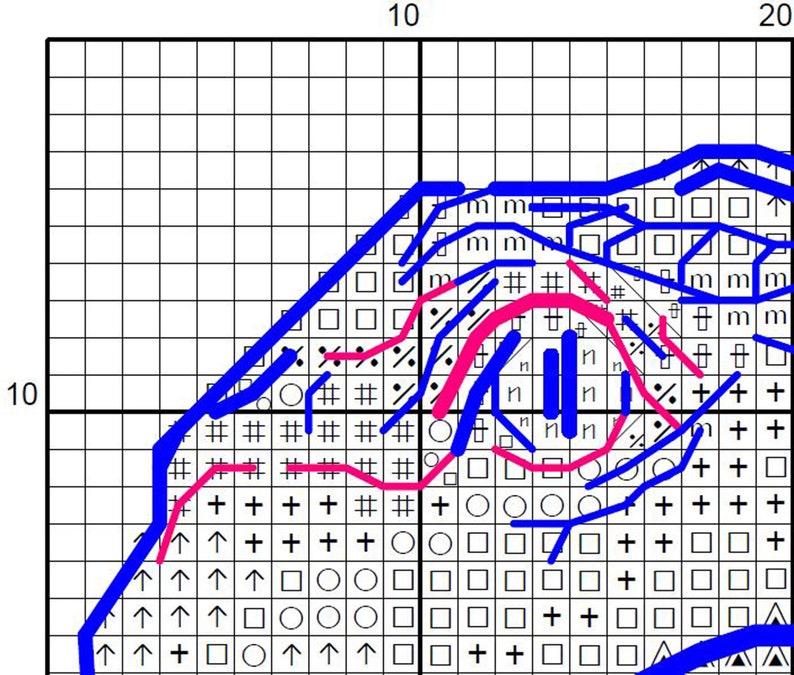 May include: A cross-stitch pattern chart printed on a white grid with black lines. The design features symbols like squares, circles, plus signs, arrows, and the letter m. Bold blue and pink lines are drawn over the grid to outline a specific shape.