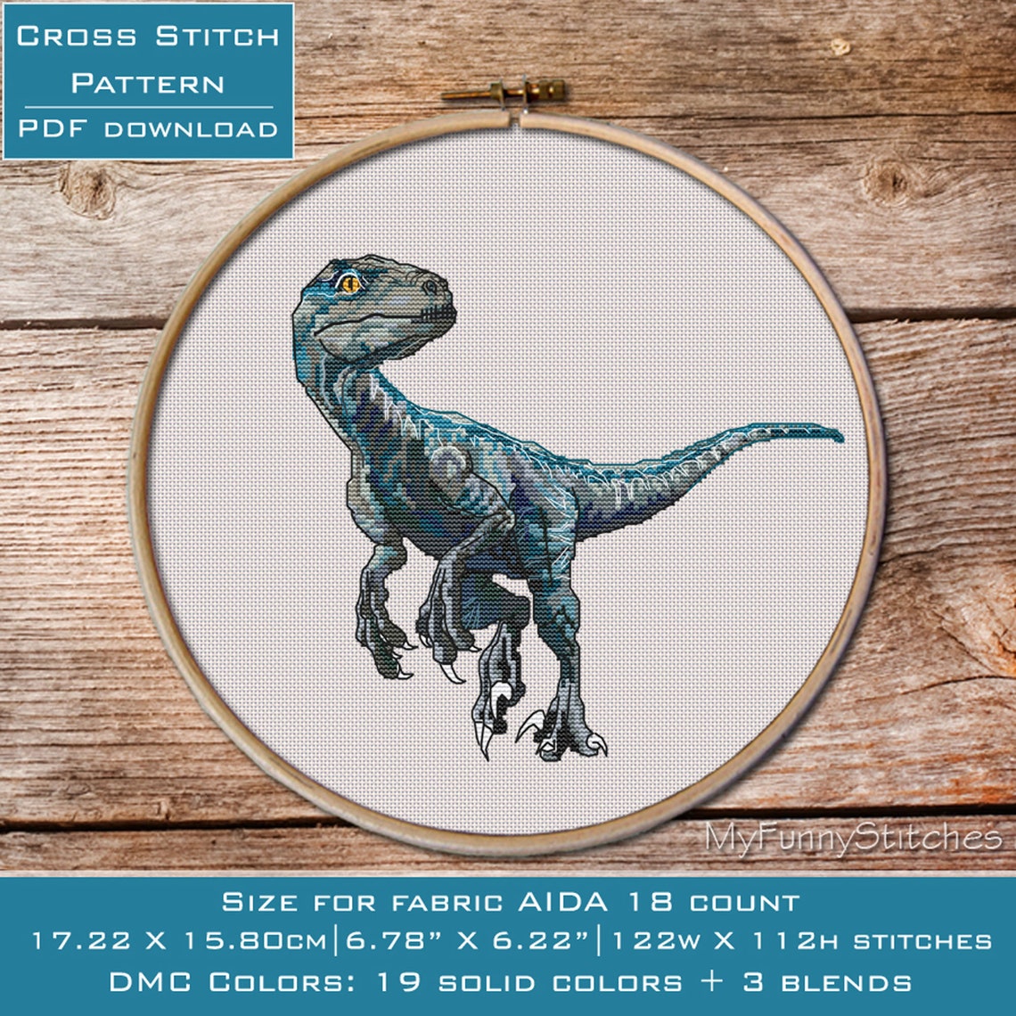 Raptor Blue Cross Stitch Pattern Velociraptor Jurassic - Etsy