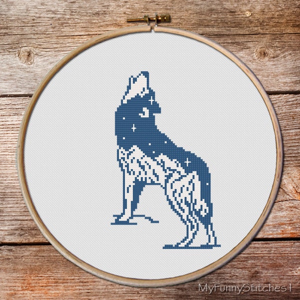 Cross Stitch Pattern, Wolf Cross Stitch pattern, keeper of the night cross stitch pattern, totem animals, mountains cross stitch, Wolf #005