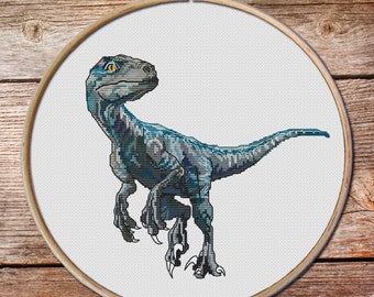 Patrón de punto de cruz Raptor Blue, gráfico PDF de bordado de dinosaurio Velociraptor, regalo moderno de punto de aguja, Jurásico