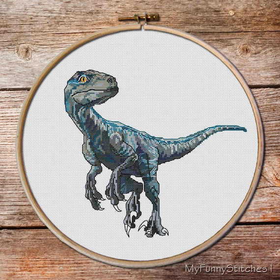Raptor Blue Cross Stitch Pattern, Velociraptor Dinosaur Embroidery PDF Chart, Modern Needlepoint Gift, Jurassic