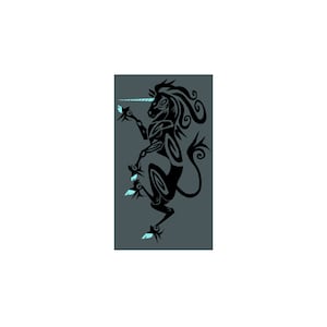 Puede incluir: Silueta en blanco y negro de un unicornio con un cuerno y pezuñas azules. El unicornio está de pie sobre sus patas traseras con sus patas delanteras levantadas.