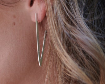 Sterling silver profile earrings, V hoop shape with ear post, 2-inch long