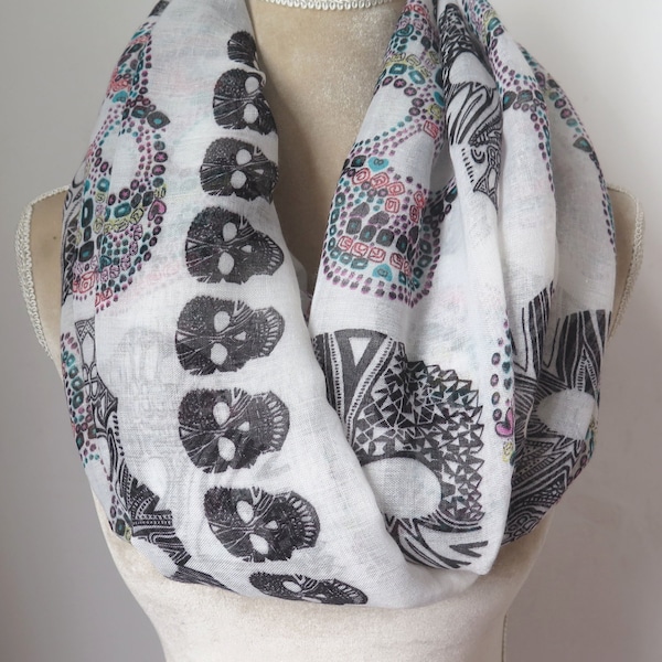 White and Multi-Colors Sugar  Skull Print Infinity / Long Scarf  Halloween Gift Accessories