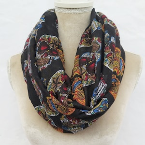 Black and Multi-Colors Skull Print Halloween Infinity / Long Scarf Gift Accessories