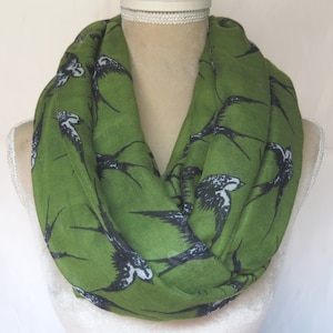 Green Swallow Bird Print Infinity / Long Scarf