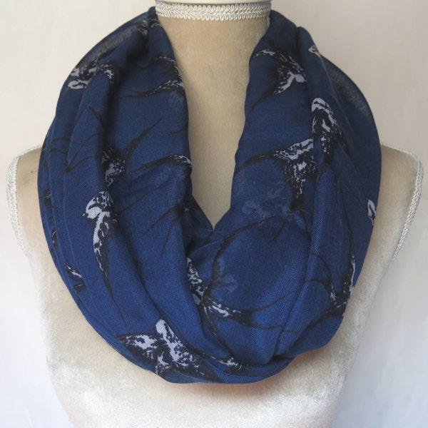 Blue Swallow Bird Print Infinity / Long Scarf