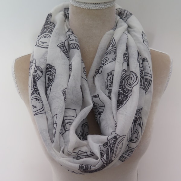 White Vintage Camera Print Infinity /long Women's Scarf Gift Ideas