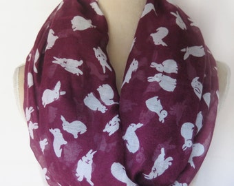 Dark Red and White Rabbit Bunny Print Infinity / Long Scarf