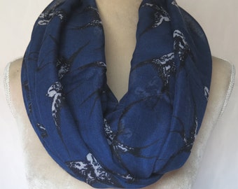 Blue Swallow Bird Print Infinity / Long Scarf