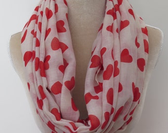 Beige and Red Hearts Print Infinity / Long Women's Scarf Mother's Valentine's Day Gift