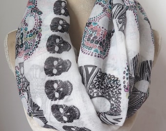 White and Multi-Colors Sugar  Skull Print Infinity / Long Scarf  Halloween Gift Accessories