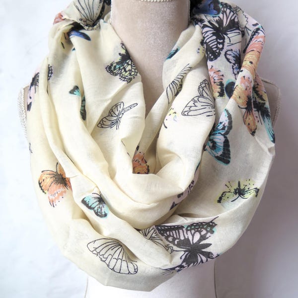 Beige Butterfly Print Infinity / Long Scarf Women's Accessories Gift Ideas