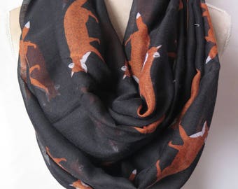 Black Fox Print Infinity / Long Women's Scarf Gift Ideas for Her