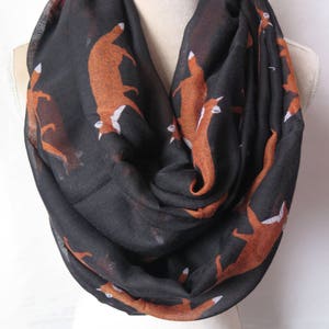 Black Fox Print Infinity / Long Women&#39;s Scarf Gift Ideas for Her