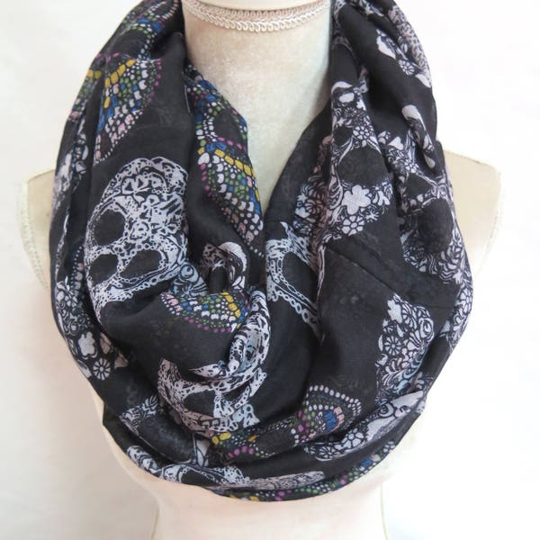 Black and Multi-Colors Sugar  Skull Print Infinity / Long Scarf  Halloween Gift Accessories