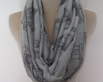 Grey Vintage Camera Print Infinity / Long Scarf Gift Ideas for Her