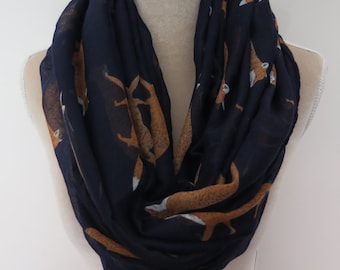 Navy Blue Fox Print Infinity / Long Women's Scarf Gift Ideas for Her