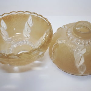 May include: Two glass lampshades with a frosted, textured finish and a leaf design. The lampshades are a light brown colour.