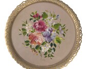 Vintage Nashco Toleware 18 quot Pink Round Tray Hand Painted Signed Reticulated Edge