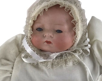 Antique Germany Century Newborn Baby Bisque Doll Sleep Eyes Dome Head Cloth 11&quot;